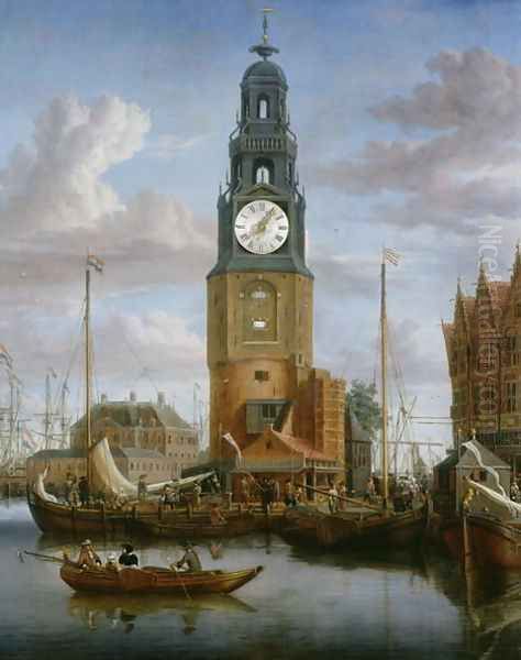 View of the Haringspacker Tower in Amsterdam, with a working clock-face set into the painting, 1684 - view 1