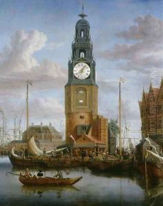 View of the Haringspacker Tower in Amsterdam, with a working clock-face set into the painting, 1684 by Abraham Storck