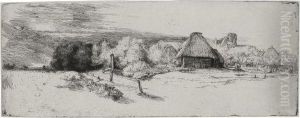 Landscape With Trees, Farm Buildings And A Tower by Harmenszoon van Rijn Rembrandt