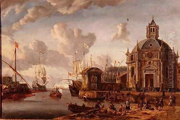 A capriccio Mediterranean harbour with a galley at anchor - view 1