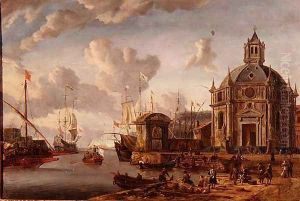 A capriccio Mediterranean harbour with a galley at anchor by Abraham Storck