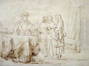Figures Gathered Before A Nobleman by Harmenszoon van Rijn Rembrandt