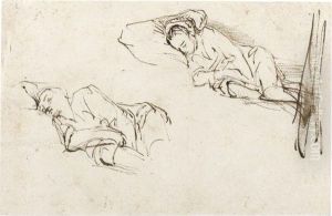 Two Studies Of A Woman Asleep On A Pillow by Harmenszoon van Rijn Rembrandt