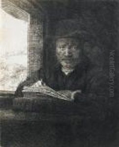Self Portrait Drawing At A Window by Harmenszoon van Rijn Rembrandt