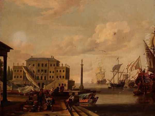 A capriccio of a Mediterranean Harbour with merchants and shipping at anchor - view 1