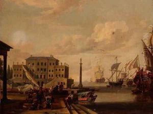 A capriccio of a Mediterranean Harbour with merchants and shipping at anchor by Abraham Storck