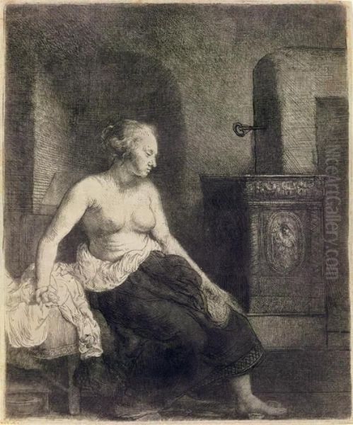 A Woman Sitting Half-dressed Beside A Stove - view 1