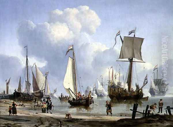 Ships in Calm Water with Figures by the Shore - view 1
