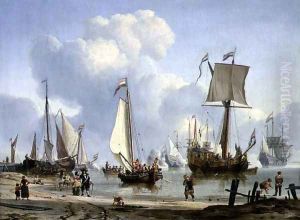Ships in Calm Water with Figures by the Shore by Abraham Storck