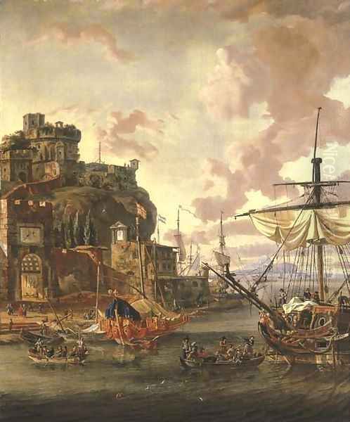 A capriccio of a Mediterranean port with with men-o'-war and figures in rowing boats - view 1