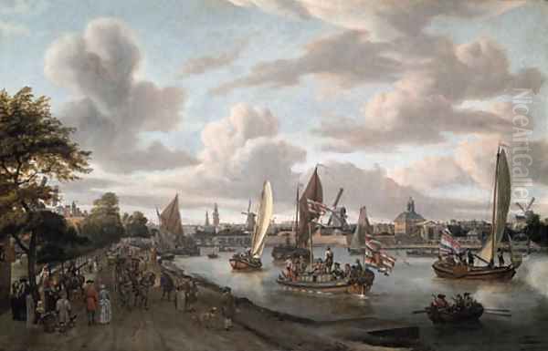 A View of Amsterdam with a trekschuit and smalschepen on the river Buiten-Amstel near the hooge sluis, with elegant figures - view 1