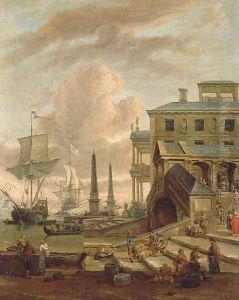 A capriccio of a Mediterranean harbour with stevedores, orientals and elegant figures, with shipping beyond