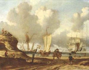 A dune coastal landscape with a couple in a horse-drawn wagon and fishermen on the beach, shipping beyond A dune coastal landscape with a couple in a horse-drawn wagon and fishermen on the beach, shipping beyond