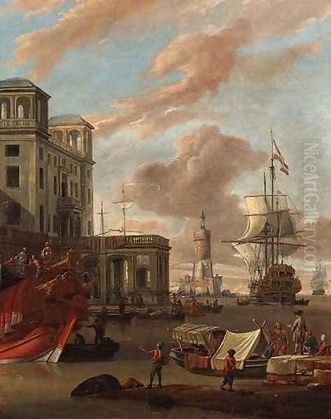 A Mediterranean port with traders by a quay, a princely galley, a Dutch man-o-war and other shipping beyond - view 1