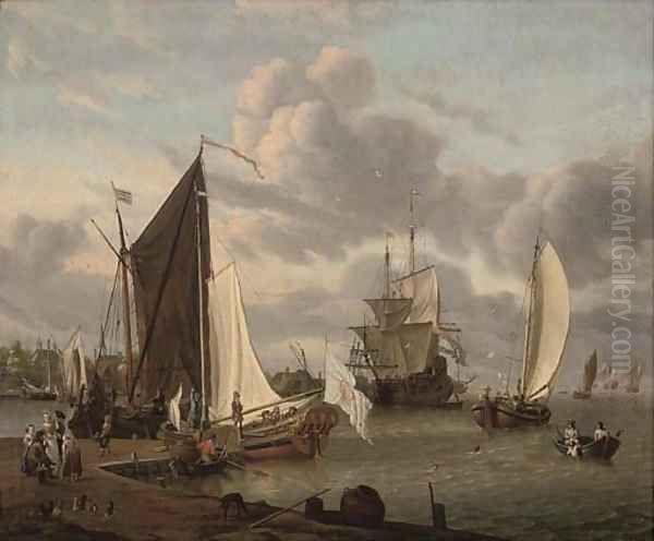 A port with smalschips and a man-o'-war, with fisherfolk and elegant company - view 1