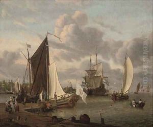 A port with smalschips and a man-o'-war, with fisherfolk and elegant company