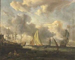 A seascape with a Dutch shipping yard near a port by Abraham Storck