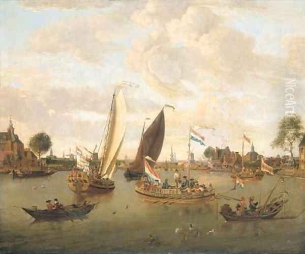 A view of Amsterdam with the Trekschuit and Smalschips on the River Buiten-Amstel near the Hooge Sluis with elegant figures, carriages and townsfolk - view 1