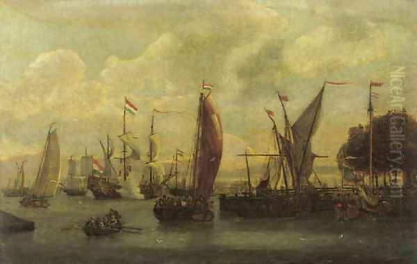 A view of the IJ, Amsterdam with a threemaster firing a salute and a State-yacht moored by a jetty - view 1