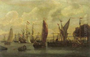 A view of the IJ, Amsterdam with a threemaster firing a salute and a State-yacht moored by a jetty