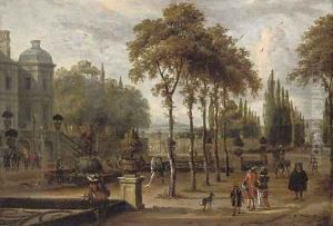 Elegant company in a garden by a mansion