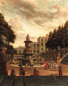 Elegant figures promenading in the grounds of a villa by Abraham Storck