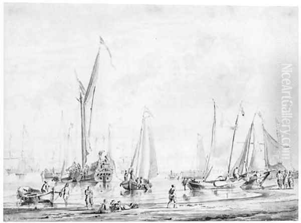Sailing vessels moored off a beach, with figures unloading small boats - view 1