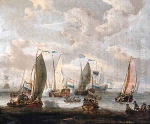 State yachts, rowing boats and other shipping, welcoming the arrival of merchantmen from the West Indian Company on the Y, Amsterdam by Abraham Storck