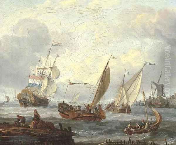 Wijdschepen setting out from a harbour by a windmill with fishermen on a jetty nearby, a man-o'-war and other shipping in the distance - view 1