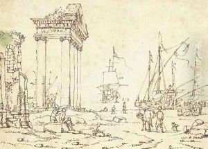 Figures among classical ruins, ships in a port seen beyond Figures among classical ruins, ships in a port seen beyond