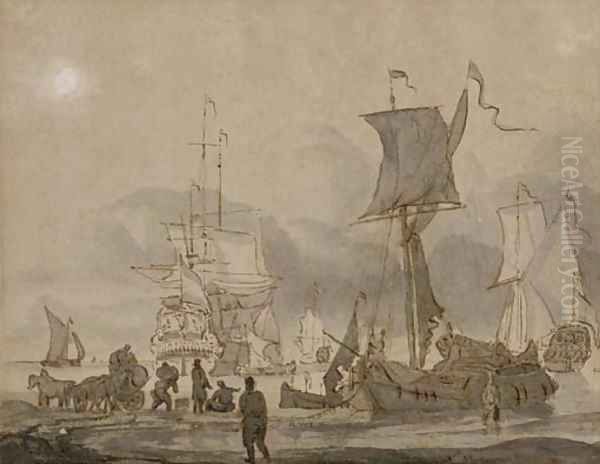 Figures loading a lighter on a beach, a fleet at anchor beyond - view 1