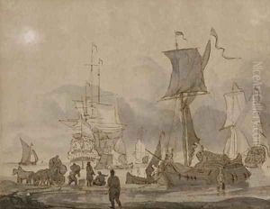 Figures loading a lighter on a beach, a fleet at anchor beyond by Abraham Storck