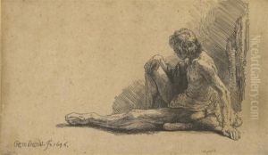 Nude Man Seated On The Ground With One Leg Extended