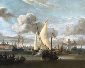 Shipping in the Harbour of Amsterdam with a Dutch East India Company yacht and a state barge in the foreground by Abraham Storck