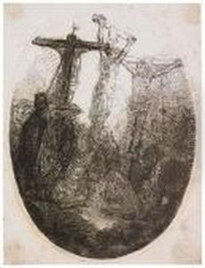 Christ Crucified Between The Two Thieves: An Oval Plate. by Harmenszoon van Rijn Rembrandt
