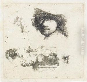 Sheet Of Studies: Head Of The Artist, A Beggar Couple. by Harmenszoon van Rijn Rembrandt