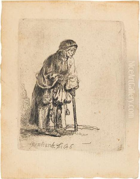 Beggar Woman Leaning On A Stick. - view 1