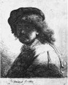 Rembrandt In Cap And Scarf With The Face Dark, Bust by Harmenszoon van Rijn Rembrandt