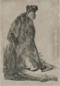 Man In A Coat And Fur Cap Leaning Against A Bank by Harmenszoon van Rijn Rembrandt
