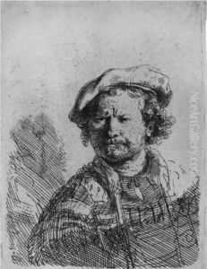 Self Portrait In A Flat Cap And Embroidered Dress (b., Holl. 26;h. 157; Bb. 38-1) by Harmenszoon van Rijn Rembrandt