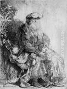 Abraham Isaak Liebkosend by Harmenszoon van Rijn Rembrandt