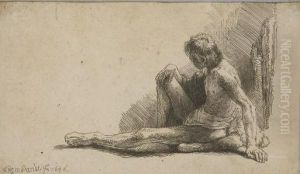 Homme Nu Assis A Terre La Jambe Gauche Etendue by Harmenszoon van Rijn Rembrandt