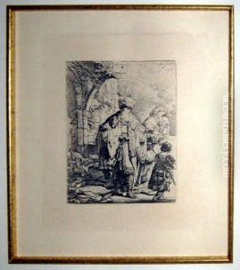 'figures At A Stairway', Engraving, 17cm X 14cm, Framed