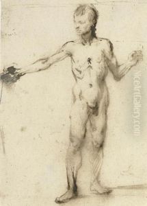 A Standing Nude Gesturing To The Right by Harmenszoon van Rijn Rembrandt