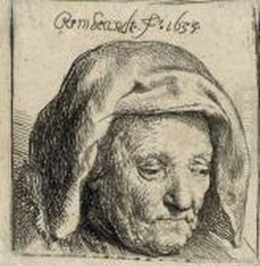The Artist's Mother In A Cloth 
Headdress, Looking Down: Head Only (b., Holl. 351; H. 107) by Harmenszoon van Rijn Rembrandt