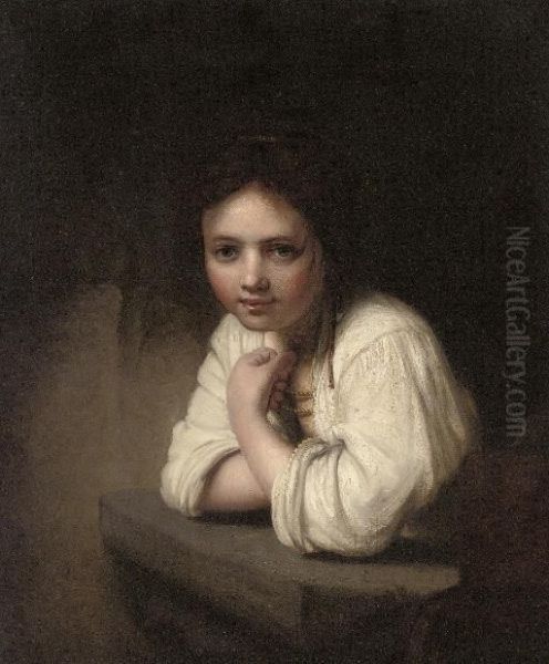 Portrait Of A Girl Leaning On A Stone Ledge - view 1