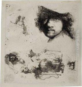 Sheet Of Studies: Head Of The Artist, A Beggar Couple by Harmenszoon van Rijn Rembrandt
