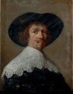 Portrait Of A Gentleman, Bust-length, In A Black Coat With Lace Collar And Black Hat by Harmenszoon van Rijn Rembrandt