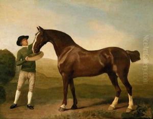 Groom feeding a bay hunter in a landscape by George Stubbs