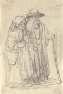 A Strolling Couple: An Old Man And A Woman Carrying A Basket by Harmenszoon van Rijn Rembrandt